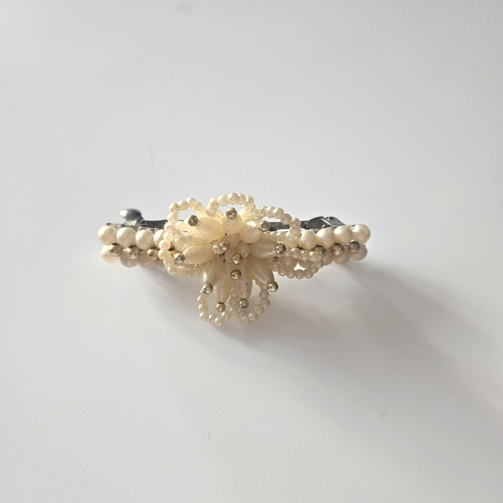Vintage Pearl And Gold Beaded Floral Hair Clip/Barrette